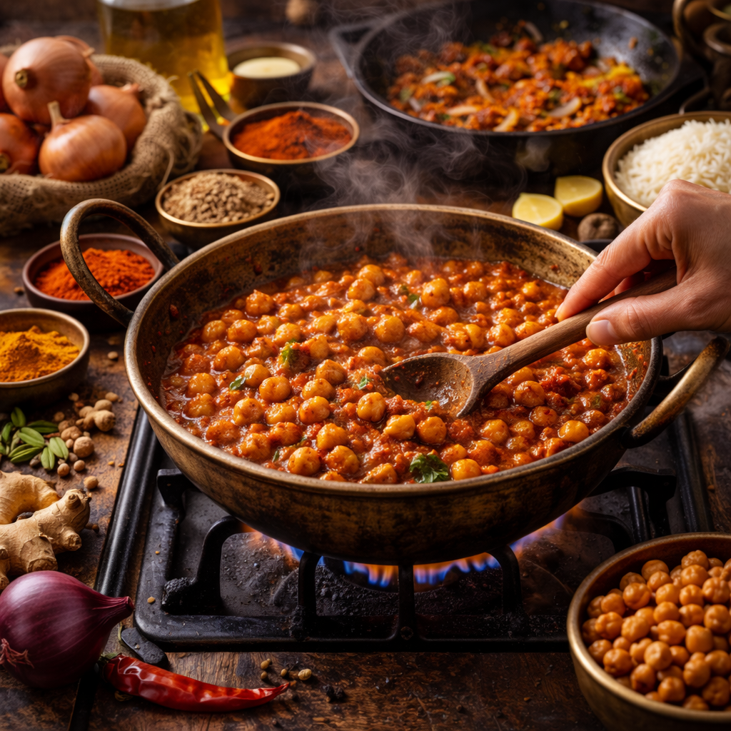Traditional chana masala recipe made with home-style Indian cooking methods